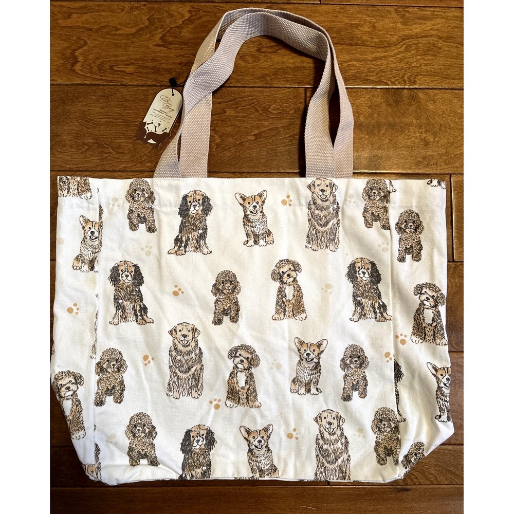 Tote Bag All Over Dog Print Tote Canvas Bag Double Handles Ivory Interior Pocket - Picture 2 of 9